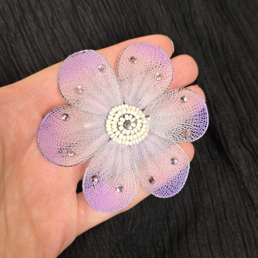Lavender Mesh Flower Brooch Rhinestone Beaded Statement Pin